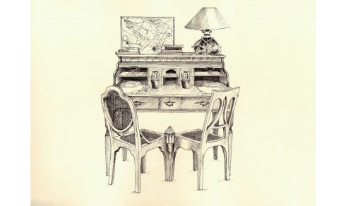 Helene Sacco. Escrivaninha de casal com cadeira dobradiça. De Georges Perec para Sylvie e Jérôme. Nanquim sobre papel canson A4.